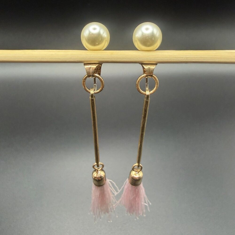Long Gold Bar Faux Pearl Pink Tassel Statement Drop Pierced Earrings Retro New